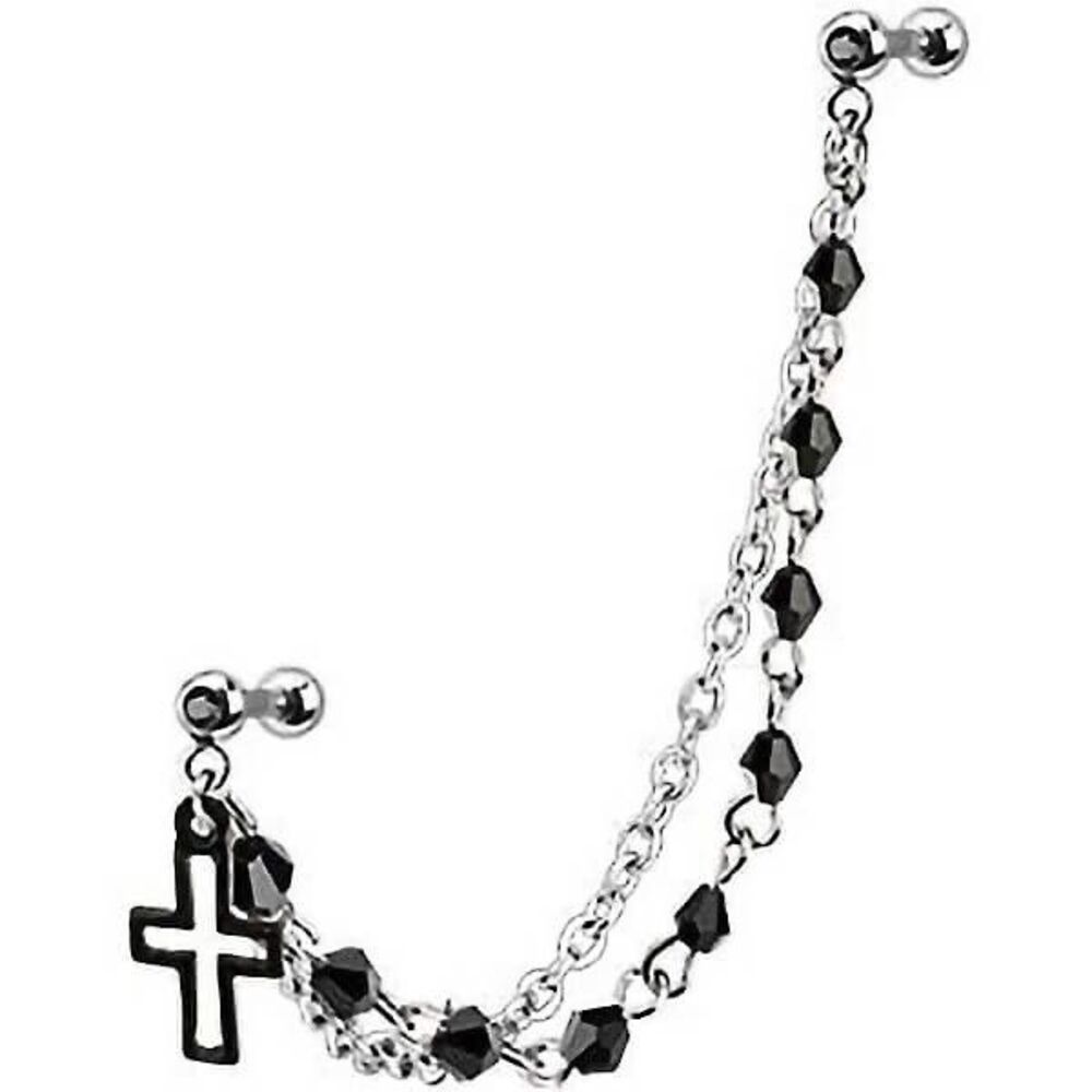 Tragus to Helix Chain Earring with Black Cross and Crystals | 16G Barbell
